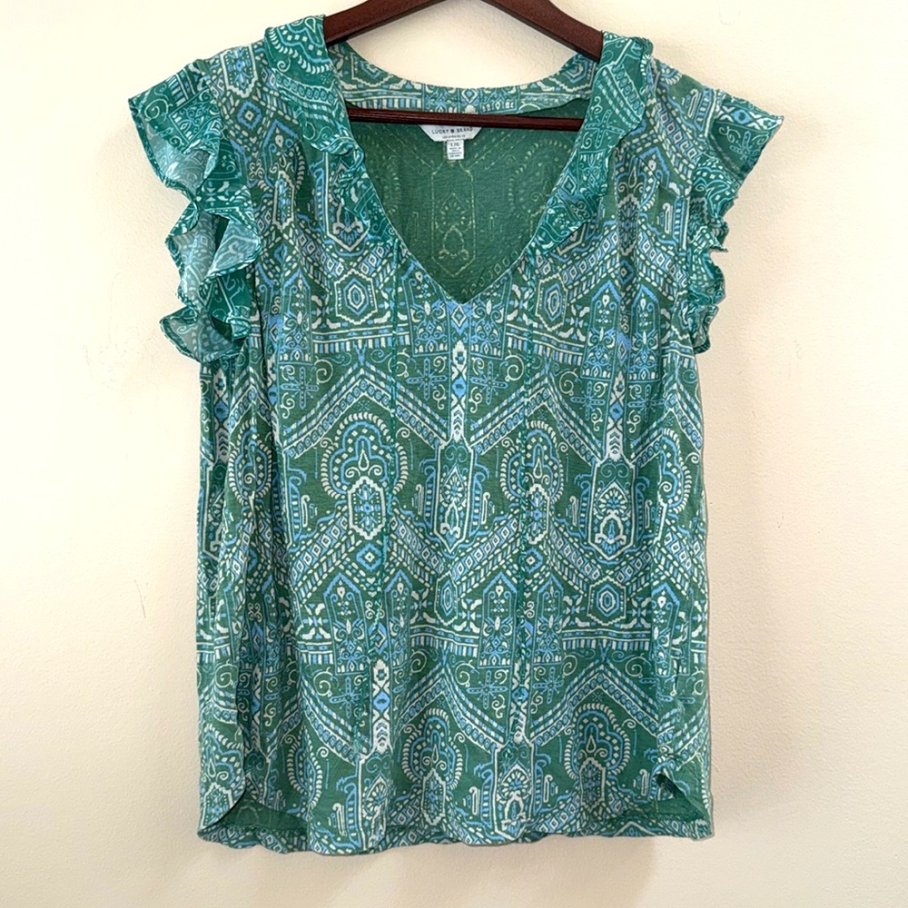 LUCKY BRAND Green, White, and Blue Patterned Women's Top